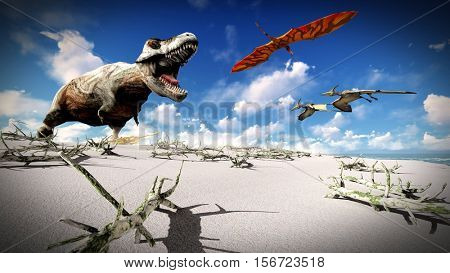 Flying pterodactyl over the land 3d illustration