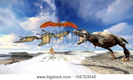 Flying pterodactyl over the land 3d illustration