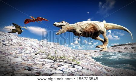 Flying pterodactyl over the land 3d illustration
