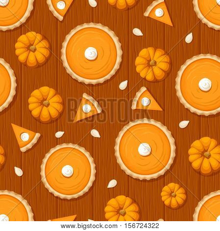 Vector seamless pattern with pumpkin pies, pumpkins and seeds on a wooden background.