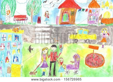 Child's drawing happy family road car Mother with a pram