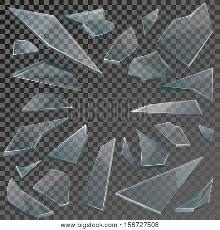 Realistic transparent shards of broken glass on checkered backdrop. Vector illustration