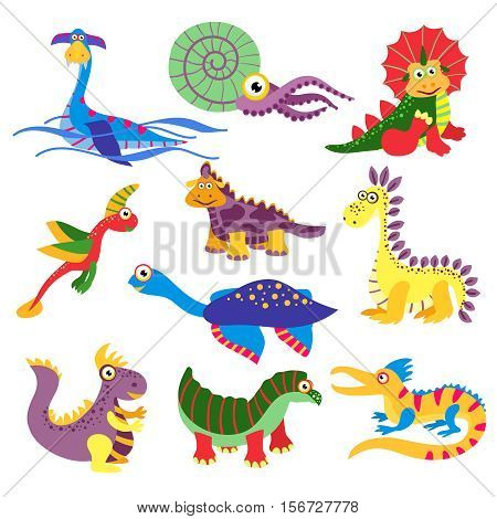 Prehistoric cute dinosaurus vector illustration isolated on white background. Set of charactes dinosaurus in colored, wild animal dinosaur