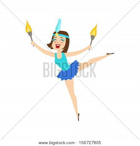 Circus Girl Gymnast In Blue Tutu Artist Performing Acrobatic Dance With Burning Torches For The Circus Show. Colorful Cartoon Illustration From The Collection Of Entertainment Performers And Circus Arena Vector Drawings