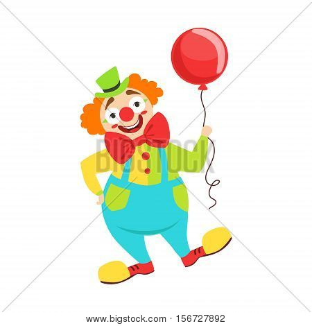 Circus Clown Artist In Classic Outfit With Red Nose And Make Up Holding A Balloon In The Circus Show. Colorful Cartoon Illustration From The Collection Of Entertainment Performers And Circus Arena Vector Drawings