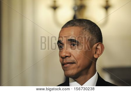 Athens Greece November 15 2016: President Barack Obama speaks during a joint news conference with Greek Prime Minister Alexis Tsipras participate at Maximos Mansion in Athens
