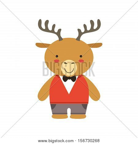 Deer In Red Vest And Bow Tie Cute Toy Baby Animal Dressed As Little Boy. Part Of Adorable Standing Humanized Fauna Characters Collection Flat Vector Illustration.