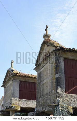 Horreos typical granaries in Combarro a village of the province of Pontevedra in the Galicia region of Spain.