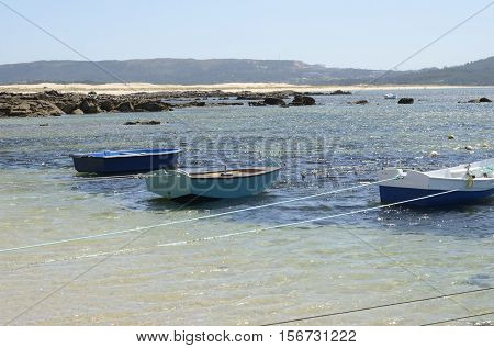 Blue Fishing boats in Corrubedo Galicia Spain