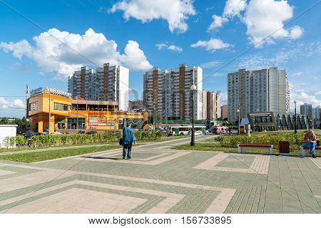 Moscow, Russia - July 09.2016. cityscape with Chayhona number 1 - a network of Uzbek food restaurants in Mitino