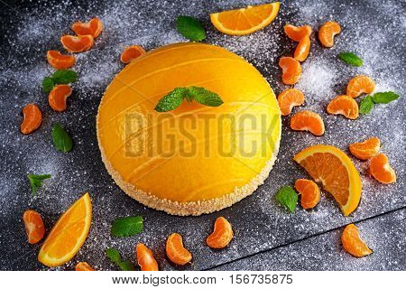 Orange Cake witch mousse, Mandarin saucea and fruit.
