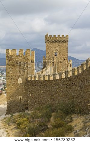 Genoese fortress in Sudak Crimea. Consular castle and the fortification wall of the upper tier.