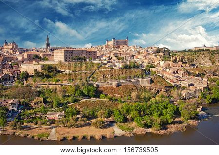 Panoramic view of the historic city of Toledo with river Tajo, Spain.
