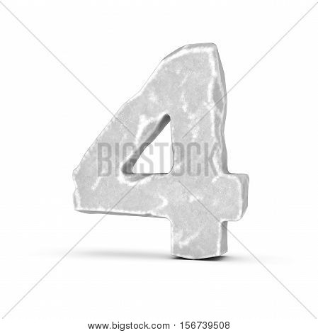 3D rendering of stone number 4 isolated on white background. Figures and symbols. Cracked surface. Textured materials. Rock alphabet.