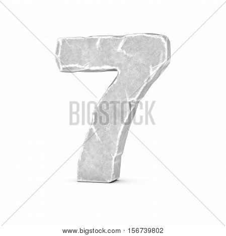 3D rendering of stone number 7 isolated on white background. Figures and symbols. Cracked surface. Textured materials. Rock alphabet.