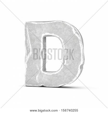 3D rendering of stone letter D isolated on white background. Figures and symbols. Cracked surface. Textured materials. Rock alphabet.