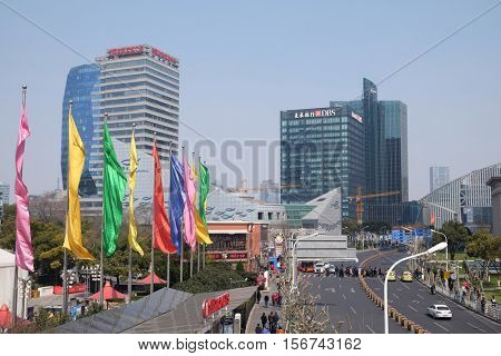 SHANGHAI - FEBRUARY 29: Lujiazui financial district skyscrapers buildings landscape in Shanghai,Shanghai Lujiazui is one of the most influential financial center of China, February 29, 2016.