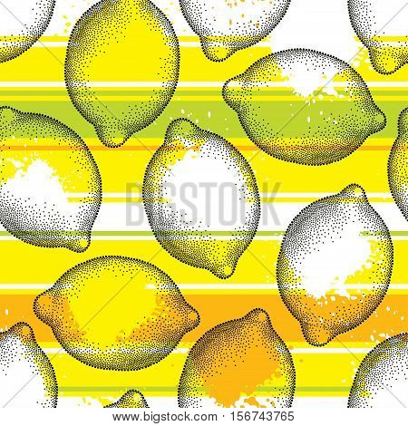 Vector seamless pattern with dotted lemon fruit on the background with white, orange and green horizontal stripes. Fruits elements in dotwork style. Summer background with decorative dotted citrus.