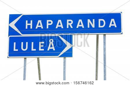 Signpost for the tw Swedish towns Haparanda and Lulea on white background.