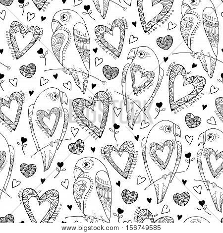 Vector seamless pattern with ornate parrot and heart on the white. Design elements and holiday symbols in contour style for Valentine day and coloring book. Romantic background with cute parrots.