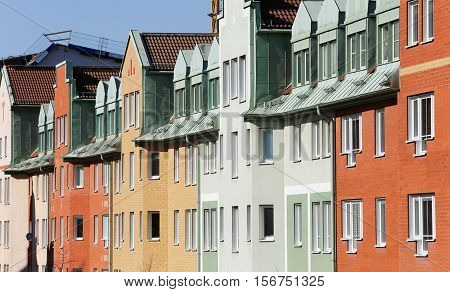 Swedish modern apartment buildings exterior uper view.
