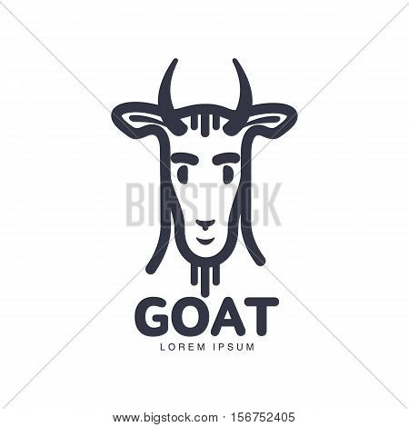 Front view goat head logo template for meat and dairy products, cartoon vector illustration on white background. Goat head outline for dairy, meat, farm products logo design