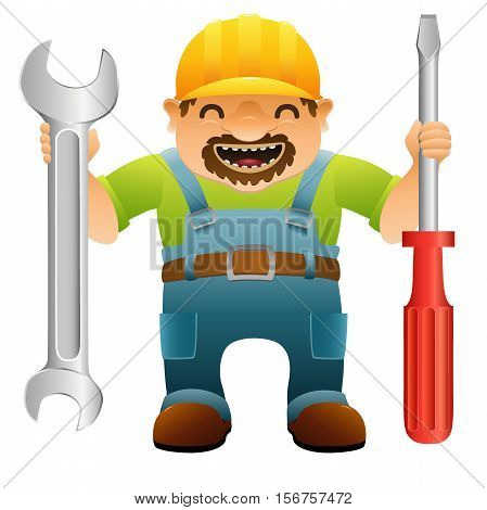 handyman in yellow hard hat and blue overalls with screwdriver and wrench