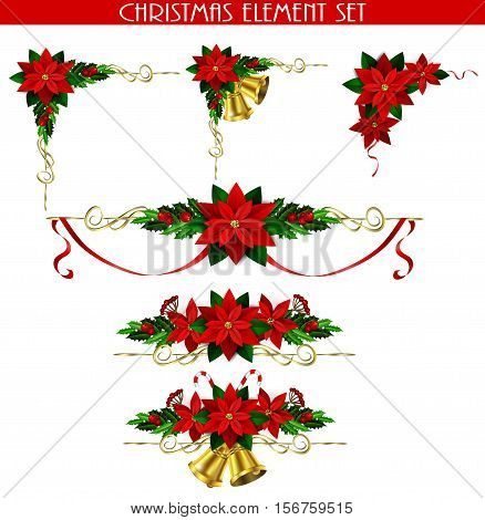 Christmas decoration set with evergreen treess holly and poinsettia isolated
