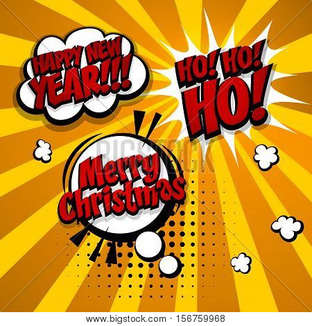 New year, Merry Christmas, hohoho set. Speech comic bubble text halftone gold background. Pop art style vector illustration. Holiday burst expression speech pop art bubble cloud. Boom communication