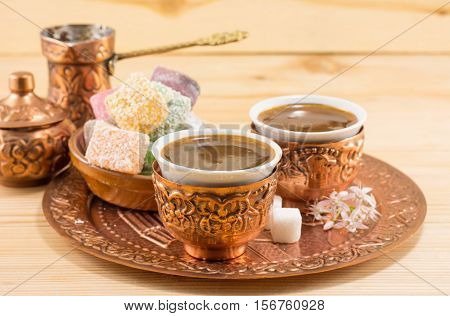 Coffee And Turkish Delight In A Copper Cups