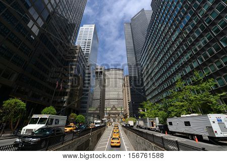 NEW YORK CITY - MAY 6, 2013: Grand Central Termial and MetLife Building (Pan Am Building) on Park Avenue near 39th Street, Midtown Manhattan, New York City, USA.