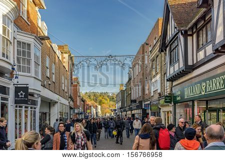 Winchester, UK. November 13th 2016. Tourists and shoppers walking through the central streets in Winchester.