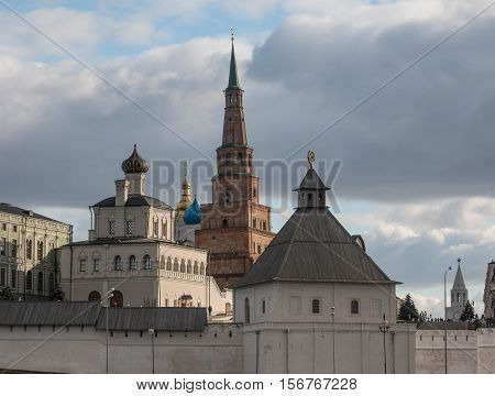 Tatarstan Russia. Centre of Kazan city. Sujumbike tower and Kremlin. Autumn 2016.