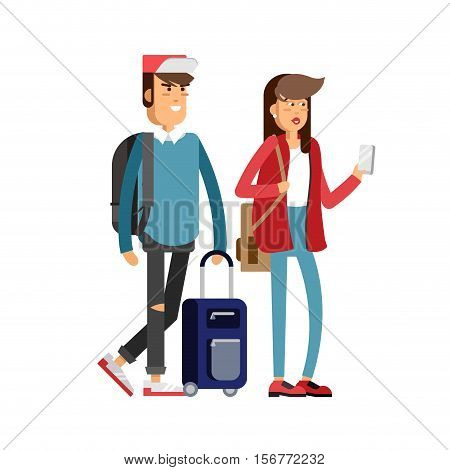 Happy young people traveling with backpacks and travel bag. Modern students go to traveling. Couple take vacation.