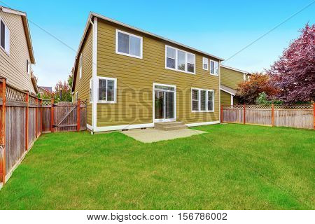 Green Olive Siding House Exterior. Grass Filled Back Yard.