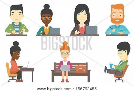 Man making a model with a 3D pen. Engineer using a three dimensional pen to model a geometric shape. Engineer working with 3D pen. Set of vector flat design illustrations isolated on white background.
