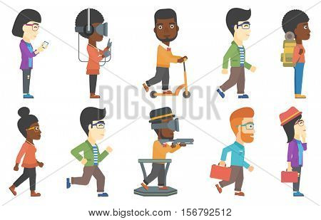 Young business woman holding mobile phone. Business woman using mobile phone. Business woman sending message via mobile phone. Set of vector flat design illustrations isolated on white background.