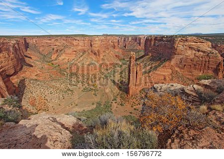 The red sandstone spire of Spider Rock at Canyon de Chelly National Monument in the Navajo Nation near Chinle Arizona