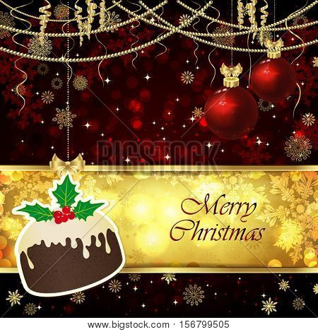 Vector Christmas card with Christmas decor, snowflakes on a golden and red background.