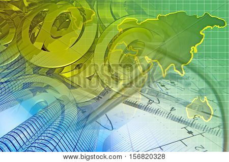 Financial background with buildings mail signs map and graph.