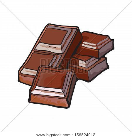 Pieces of dark chocolate bar, sketch style vector illustration isolated on white background. Hand drawn chocolate bar broken into pieces, appetizing realistic drawing