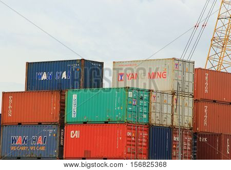 Trang Thailand -November 16  2016: Containers at sea port of Kantang River. marketplace for people to send goods around the world.