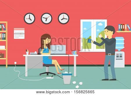 Woman working with a laptop and resting man with a coffee in the office Vector flat style illustration.
