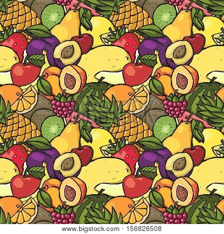 Colorful hand drawn seamless pattern with fruits and berries