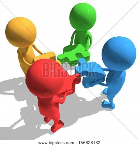 Merger concept. Four businessmen trying to connect red blue green and yellow puzzles. 3d render illustration isolated on white background.