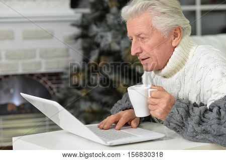Portrait of senior man with laptop surfing internet and holding cup of tea