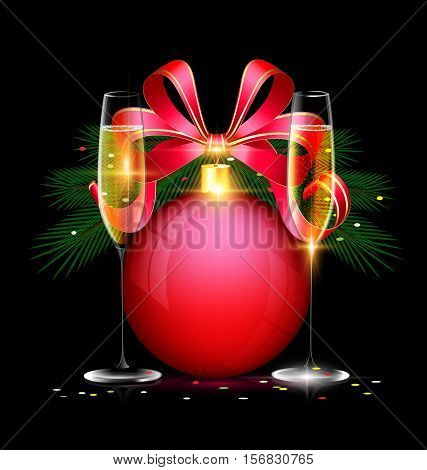 dark festive background with the large red ball and couple glasses of wine