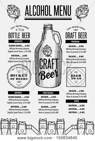 Beer menu placemat food restaurant brochure; template design. Vintage creative alcohol flyer with hand-drawn graphic.