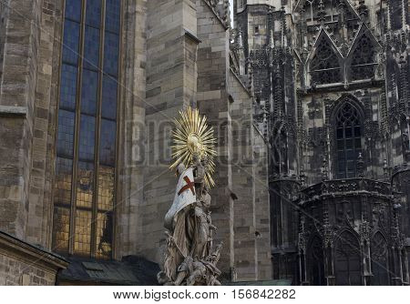 VIENNA, AUSTRIA - DECEMBER 31 2015: Architectural detail of St. Stephen's Cathedral facade with Capistran Chancel sculpture in Vienna Austria