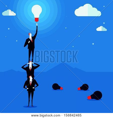 Businessmen do a pyramid of acrobats turn on a lamp. Vector Illustration Business concept a ladder Corporate of success.
